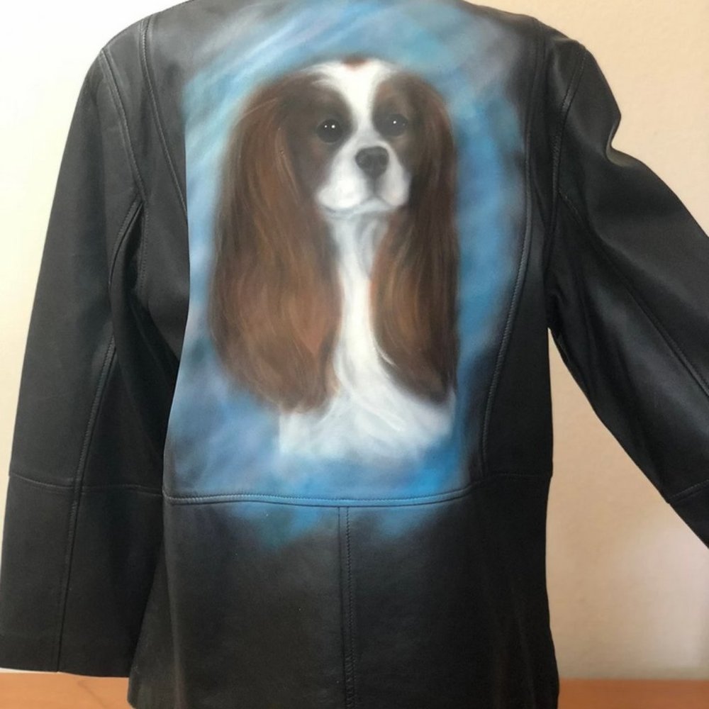 Cavalier Dog Airbrushed Design on Black Lambskin Leather Jacket | Size Large L